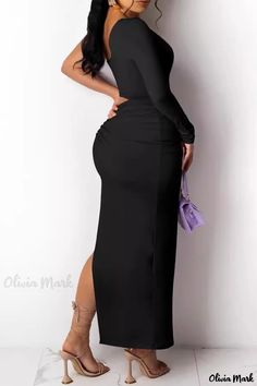 Olivia Mark - Elegant Long Sleeve Asymmetrical Collar Evening Dresses Glamorous Evening Dresses, Dress With Corset, Long Sleeve Dress Formal, Long Sleeve Dresses, Black Long Sleeve Dress, Hip Dress, Sleeve Dresses, Purple Fashion, Evening Attire