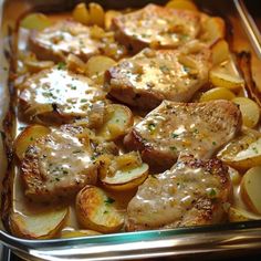 a casserole dish with meat and potatoes