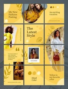 a yellow and white brochure with images of women in different outfits on it