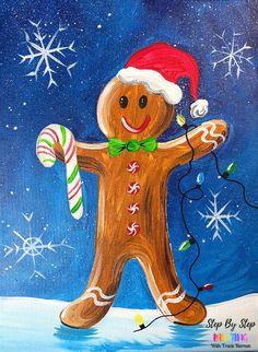 a painting of a ginger holding a candy cane and wearing a santa hat with snowflakes