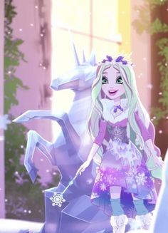 a girl in a purple dress standing next to a unicorn