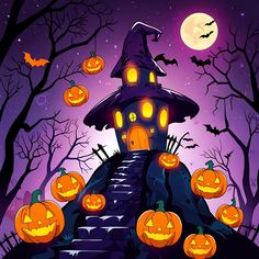 a halloween scene with pumpkins on the steps and a house in the background at night