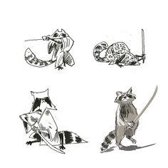 four different types of animals are shown in black and white, including one raccoon