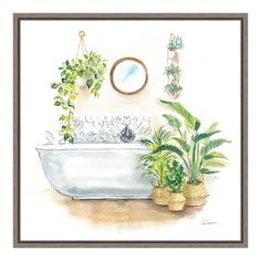 a watercolor painting of a bathtub with potted plants and a mirror on the wall