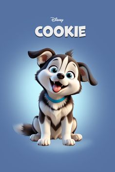 a cartoon dog with the words cookie on it's chest and tongue, sitting in front of a blue background