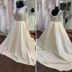 two pictures of wedding gowns on mannequins in a store