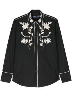 black, white silk-cotton blend contrasting border Western style floral embroidery pointed flat collar long sleeves with press-stud fastening cuffs front press-stud fastening Western Style Embroidery, Country Embroidery Designs, Ralph Lauren Western Style, Western Embroidery Designs, Western Applique, Cowboy Boots Outfit Summer, Black Western Shirt, Moody Elopement, Black Shirt Outfits