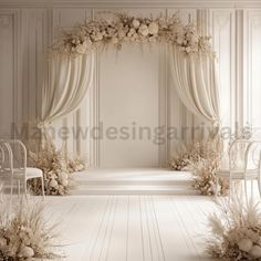 an image of a wedding ceremony setting with flowers and chairs in the aisle to the stage