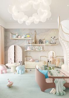 a child's room with lots of toys on the floor and shelves filled with stuffed animals