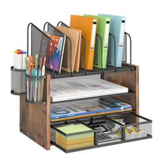 an office desk organizer with two drawers and three compartments for pens, pencils, and books