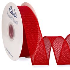 a roll of red wired mesh ribbon on a white background with two rolls of red wired net