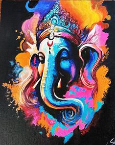 a painting of an elephant with a crown on it's head, painted in bright colors