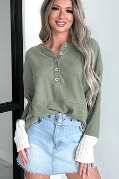 Forcing The Issue Mixed Knit Oversized Henley Top (Olive) – NanaMacs Green Long Sleeve Knit Top For Fall, Trendy Green Long Sleeve Knit Top, Green Knit Top For Fall, Green Soft Knit Top For Fall, Oversized Olive Top For Fall, Khaki Knit Tops For Fall, Trendy Olive Tops For Winter, Casual Olive Knit Tops, Green V-neck Knit Top For Fall