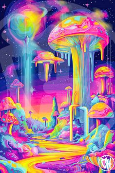 Hq psychedelic wall art. watermarks removed upon download. Trippy Neon Art Prints, Sensory Art Mushroom, Eyestrain Art, Neon Colour Palette, Trippy Wall, Mushroom Wallpaper, Trippy Designs, Black Light Posters, Trippy Wallpaper