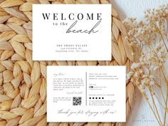 the welcome to the beach card is shown on top of a woven basket with dried flowers