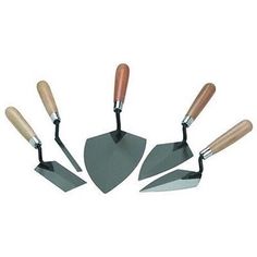 four different types of garden tools are shown in this image, with the handles pointing upward