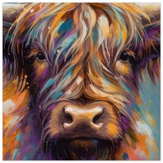 a colorful painting of a shaggy haired cow