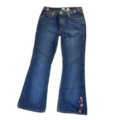 Vintage beaded floral jeans.  Comes from a smoke free pet friendly home.  Women's jeans.  Preowned vintage condition.  Women's size 9/10 Photos are part of the items description.  Top to bottom measures 38 inches.  Inseam measures 29 inches.  Leg opening measures 10 1/2 inches.  Rise measures 10 inches.  Hips measure approximately 18 inches.  Waist measures 15 inches.  100% cotton.  Blue.  CQ Fairy Whimsical, Womens Flare Jeans, Jean Vintage, Floral Jeans, Jean Flare, Jeans Y2k, Y2k Jeans, Embellished Jeans, 90s Streetwear