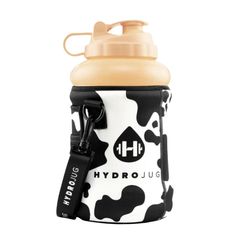 a black and white water bottle with a zipper on the side that says hydro jug