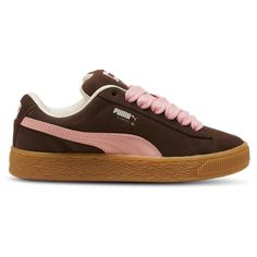 PUMA Suede XL | Foot Locker Shoes Size 6 Womens, Rare Puma Shoes, Dombas Shoes, Brown Pink Shoes, Trendy Gym Shoes, Puma Sneakers Aesthetic, Pink And Brown Shoes, Cute Puma Shoes, Pumas Shoes Women