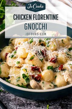 chicken florentie gnocchi in a bowl with parmesan cheese