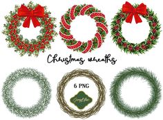 christmas wreaths with red bows and ribbons on white background, set of 6 png