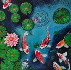 a painting of koi fish and lily pads in a pond