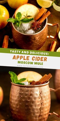 This apple cider Moscow mule is the perfect fall cocktail. Made with lime, mint, vodka, apple cider, and a touch of spicy ginger beer. You'll love this flavor-packed cocktail! Vodka Apple Cider, Apple Cider Mule, Cider Moscow Mule, Cider Mule, Fall Cocktail Party, Apple Cider Moscow Mule, Apple Cidar, Ginger Beer Cocktail