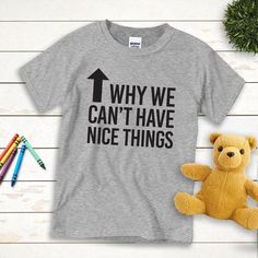 a t - shirt that says why we can't have nice things next to a teddy bear