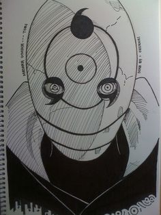 a drawing of a man with big eyes and an eyeball on his face is shown in black and white