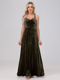 Dark_Olive_Green Chic Wedding Party, Bridesmaid Games, Velvet Bridesmaid, Velvet Bridesmaid Dresses, Dark Olive Green, Peacock Green, Party Looks, Chic Wedding, Cross Straps