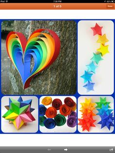 several different types of origami stars are arranged around a tree and in the shape of a heart