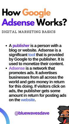 an ad with the words how google adsense works? and a cartoon man holding a phone