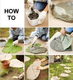 several pictures showing how to make stone steppings in the garden with text overlay that says, how to