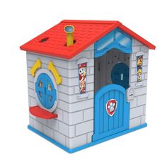 a small toy house with a red roof and blue doors on the front door is an entrance to a cartoon character's bedroom