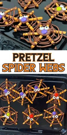 chocolate pretzel spider webs with googly eyes