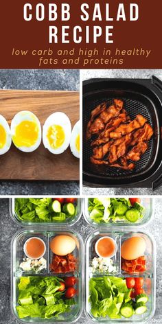 collage of photos showing how to make cobb salad with low carb and high in healthy fats