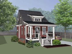 this is an artist's rendering of a small house with porches and stairs