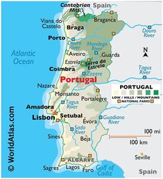 a map of portugal with the capital and major cities in spanish, english and french