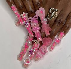 Long Chunky Nails, Hello Kitty Nail Ideas, Chunky Nails, Hello Kitty Nail, Kitty Nail, Birthday Nail, Junk Nails, 2023 Nails