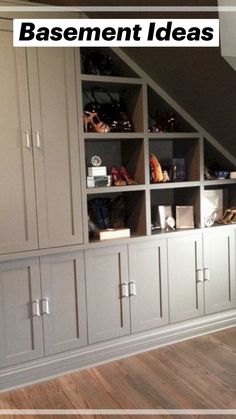 an attic bedroom with built in bookshelves and cabinets