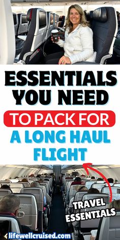 an airplane with the words essentials you need to pack for a long haul flight