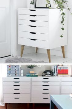 the before and after shots show how to paint an old dresser