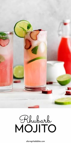 two glasses filled with pink lemonade and mint mojito next to lime slices