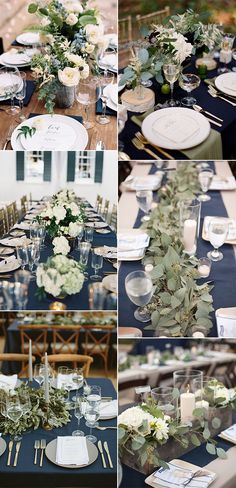 the table is set with white and blue flowers, greenery, silverware, napkins, and place settings