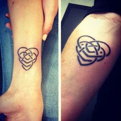 two people with matching tattoos on their arms, one has a heart and the other has an intertwined knot