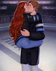 a couple kissing on the ice in front of an empty hockey rink with lights behind them