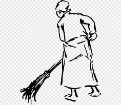 a black and white drawing of a person with a broom, on a transparent background