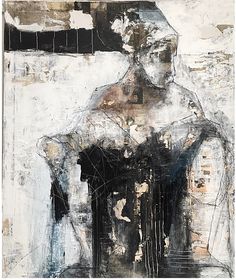 an abstract painting of a man in black and white, with no shirt on it