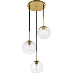 three glass globes hanging from a brass ceiling light with two bulbs on each side